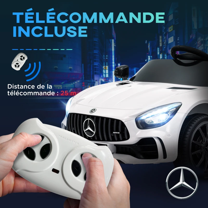 AIYAPLAY Voiture électrique enfants sous licence Mercedes-Benz AMG GTR 12V télécommande 2,4G max. 5 km/h 108 x 67 x 46 cm blanc
