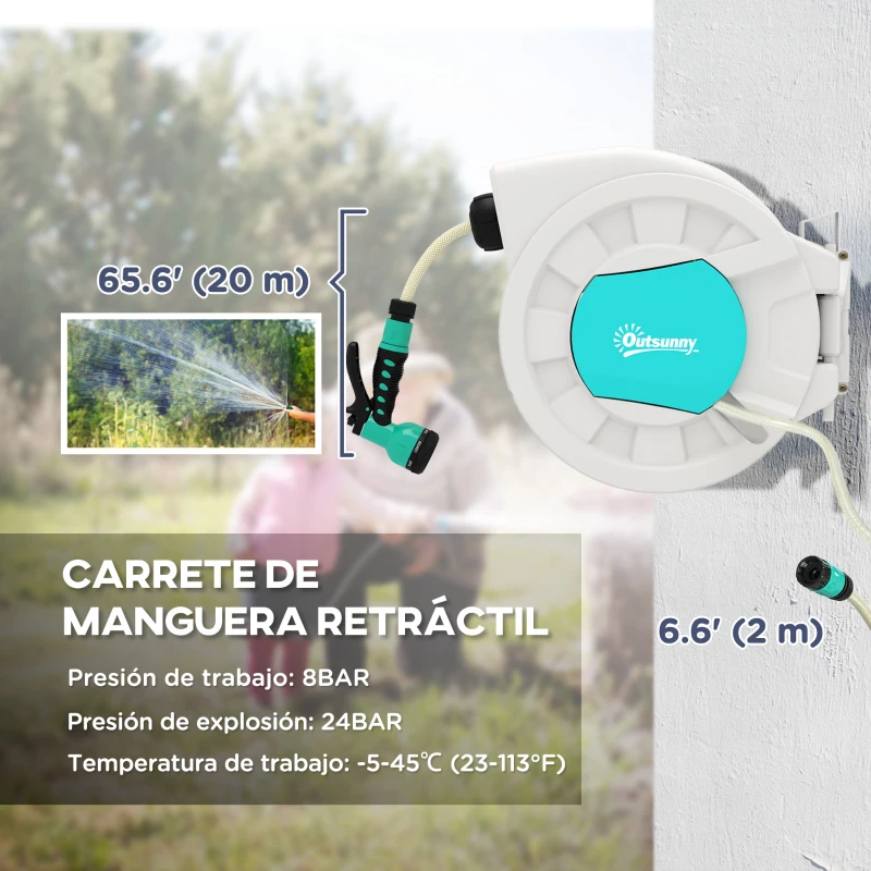 Outsunny Carrete de Manguera Retráctil 20 +2 m con Soporte Boquilla de 7 Funciones y Bloqueo Retorno Automático Gris