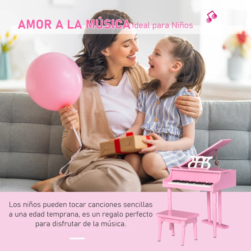 HOMCOM Piano de Cola Infantil de MDF con 30 Teclas Taburete y Atril de Partituras Piano para Niños Instrumento Musical Didáctico 52x50x49 cm Rosa