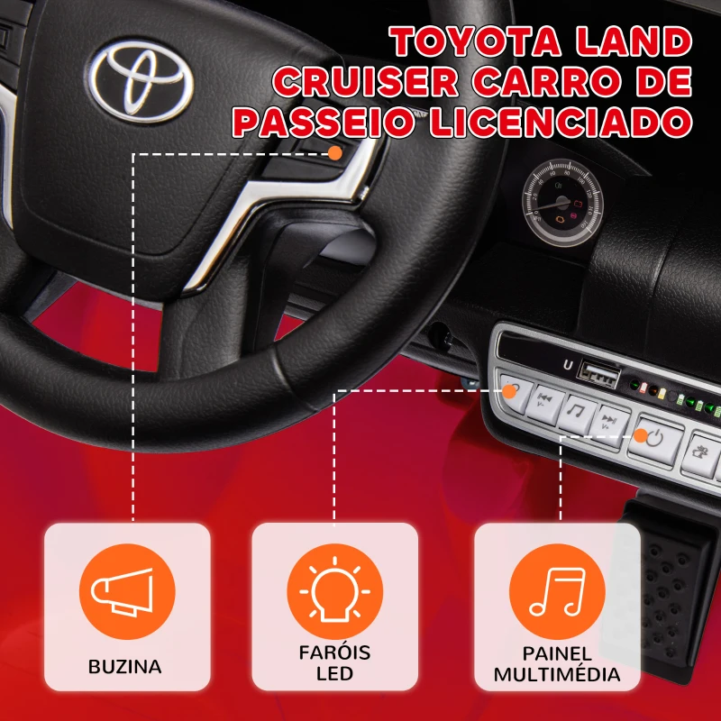 AIYAPLAY Carro Elétrico para Crianças Toyota Land Cruiser 12V com Faróis Buzina Arranque Lento e Música MP3 107x65x55,5 cm Vermelho