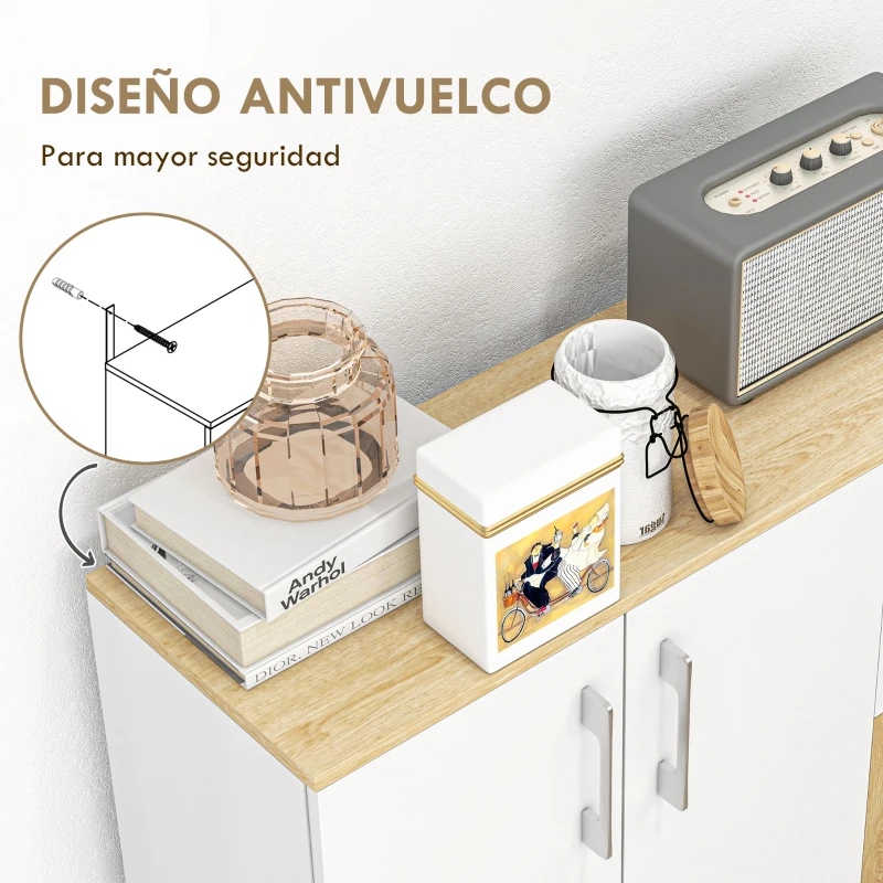 HOMCOM Aparador de Cocina con 2 Cajones 2 Armarios y Estantes Ajustables para Comedor 90x30x75,5 cm Blanco y Natural