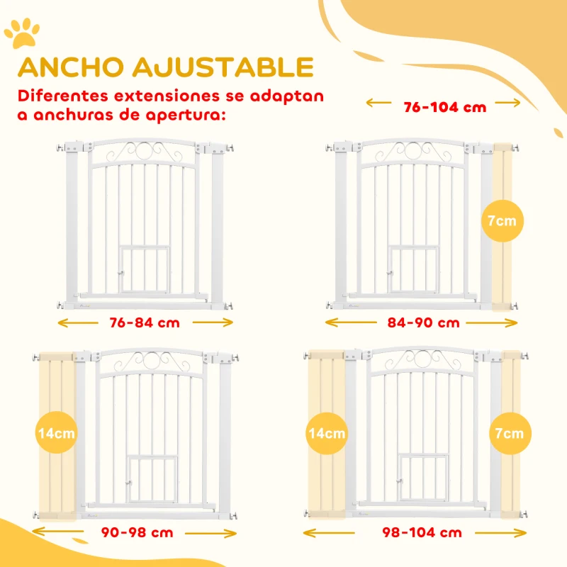 PawHut Barrera de Seguridad para Perros con Ancho Ajustable 76-104 cm con 2 Extensiones para Escalera Puerta Blanco