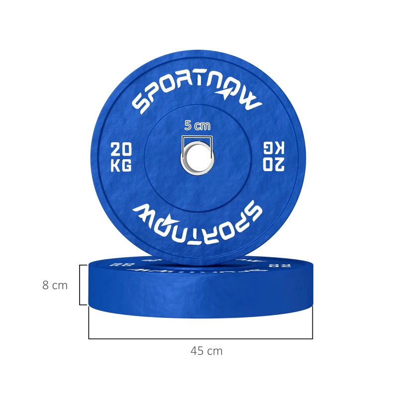 SPORTNOW Set 2 Discuri Greutăți 2x20 kg din Cauciuc cu Orificiu de 5 cm pentru Gantere și Grijuri, Ø45x8 cm, Albastru