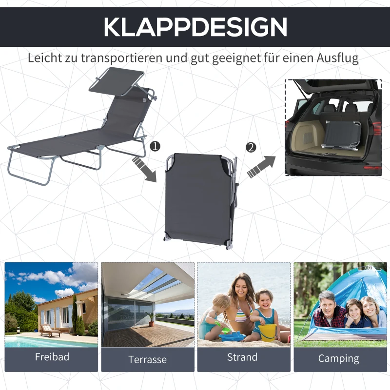 Outsunny Sonnenliege klappbar Gartenliege mit Sonnenschutz Wellnessliege mit 4-Fach verstellbare Rückenlehne Strandliege bis 120kg belastbar für Garten, Balkon und Pool geeignet, 6 Farben(Grau )