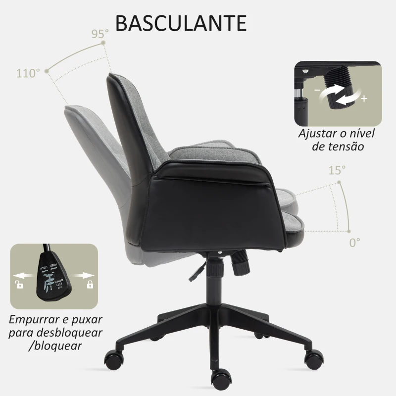 HOMCOM Cadeira de Escritório Giratória com Altura Ajustável Basculante Apoio para os Braços 66x65x93-103 cm Cinza