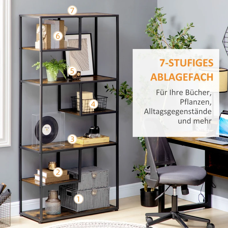 HOMCOM Bücherregal Wandregal Regal, Industrie-Design, 7 Regalböden, 83 cm x 34 cm x 180 cm, Braun + Schwarz
