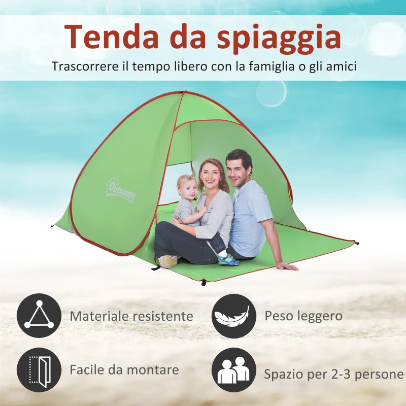 Outsunny Tenda da Spiaggia Pop Up con Protezione UV 30+ e Borsa di Trasporto, 200x150x119 cm, Verde