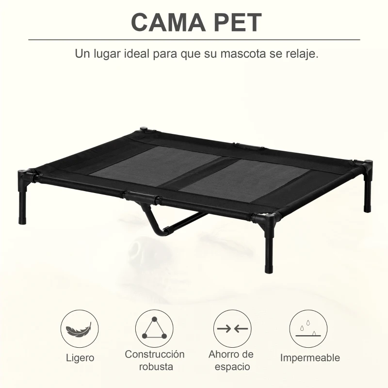PawHut Cama para Mascotas Portátil con Zona de Malla Transpirable y Tela Oxford para Interior Exterior 92x76x18 cm Negro