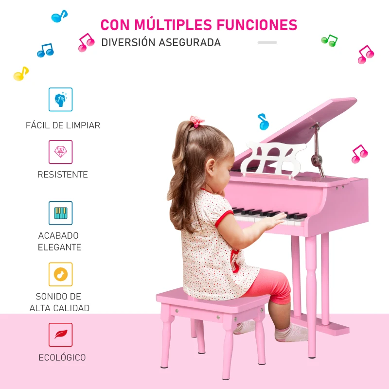 HOMCOM Piano de Cola Infantil de MDF con 30 Teclas Taburete y Atril de Partituras Piano para Niños Instrumento Musical Didáctico 52x50x49 cm Rosa