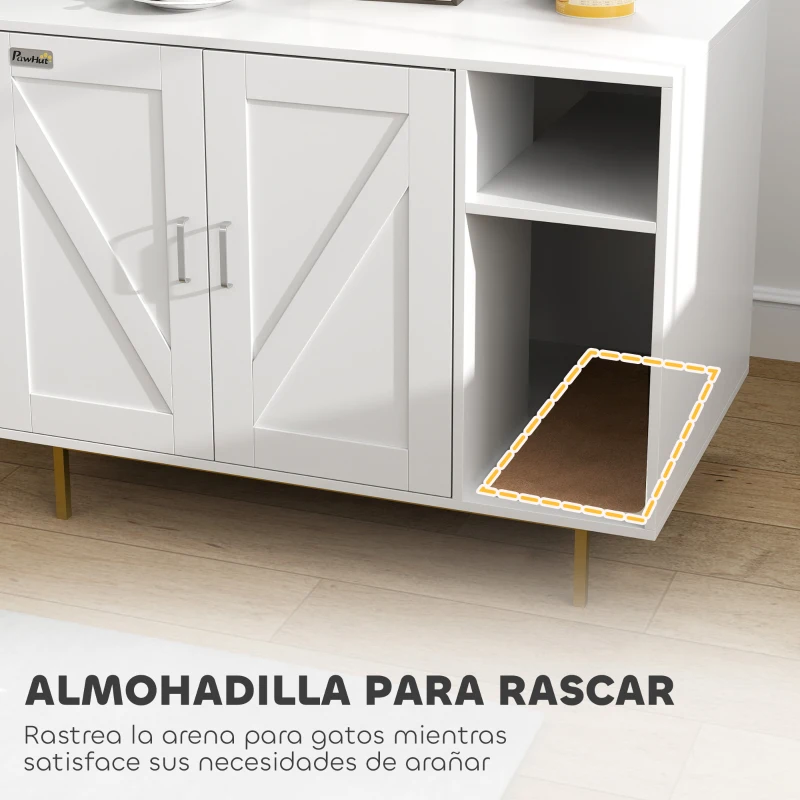 PawHut Mueble Arenero Caja de Arena para Gatos con Almohadilla para Rascar y Compartimento de Almacenaje 80x50x61 cm Blanco