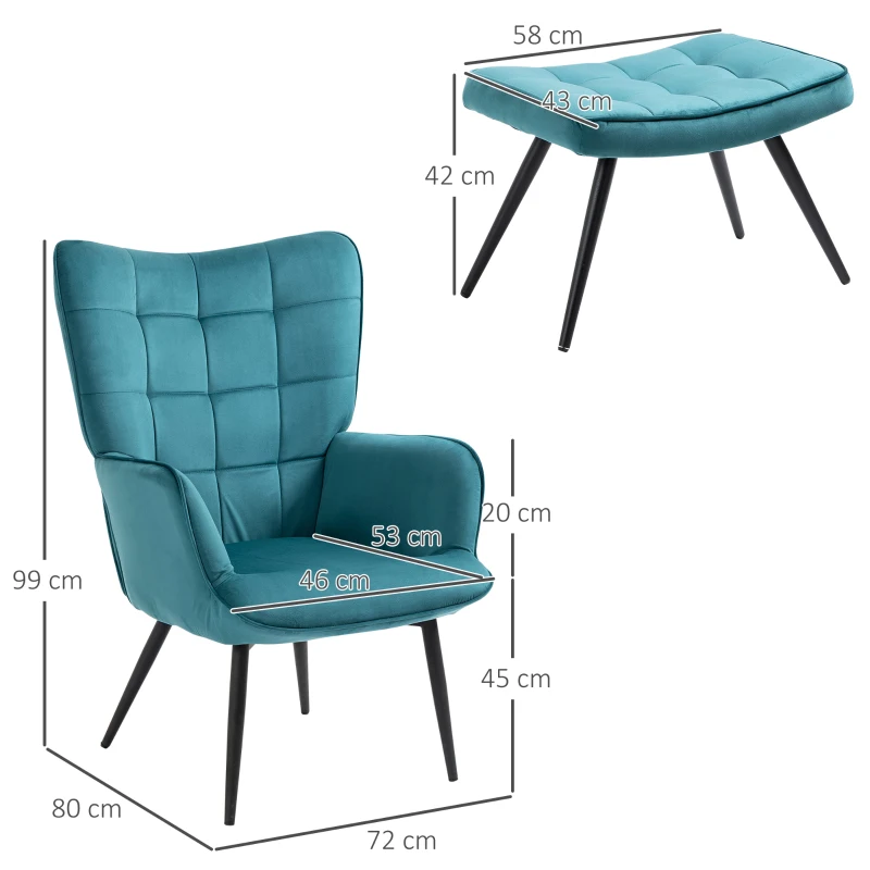 HOMCOM Fauteuil relax avec repose-pieds assorti style scandinave piètement métal noir revêtement aspect velours - Bleu