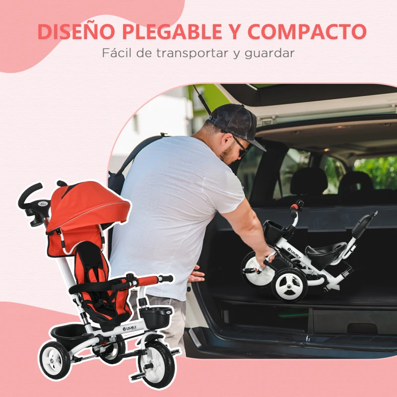 HOMCOM Triciclo para Bebés Plegable Triciclo Evolutivo 2 en 1 para Niños con Toldo Plegable Cestas y Cinturón de Seguridad Rojo