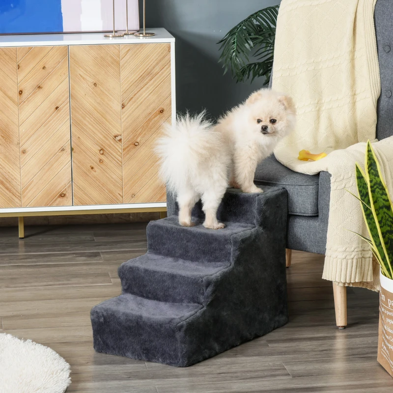 PawHut Escalera para Mascotas de 4 Peldaños con Funda Extraíble y Lavable para Cama Sofá 60x35x44 cm Gris Oscuro