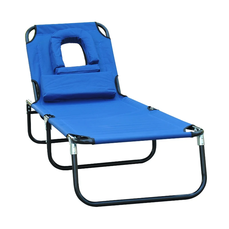 Outsunny Sonnenliege klappbar Gartenliege mit Kopfkissen Liegestuhl mit 4-Fach verstellbare Rückenlehne Campingliege mit Lesefenster Gartenstuhl bis 120kg belastbar für Garten, Balkon geeignet Blau