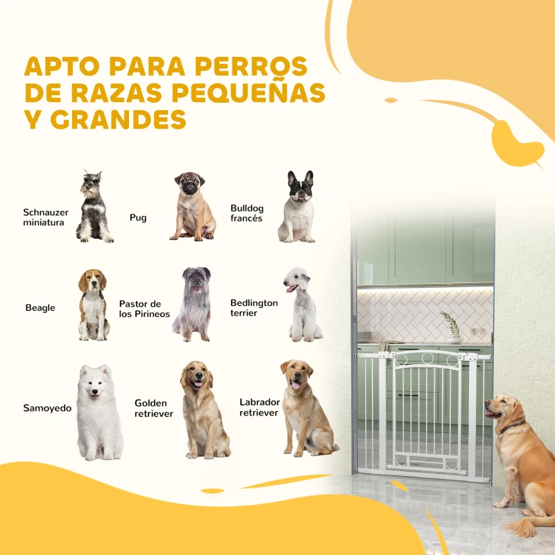 PawHut Puerta para Perros con Ancho Ajustable 76-104 cm Barrera de Seguridad para Perros con 2 Extensiones Blanco