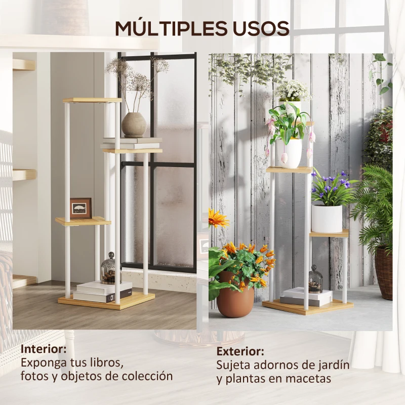Outsunny Soporte para Plantas de Madera y Acero de 4 Niveles con 4 Estantes Cuadrados 53x42x85 cm Natural y Blanco