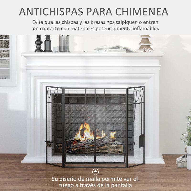 HOMCOM Salvachispas para Chimenea Protector de Chimenea Plegable con Paneles con Doble Puerta 4 Herramientas Estructura de Metal y Ganchos 106x79 cm Negro