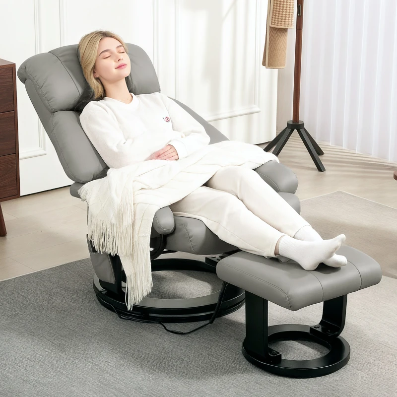 HOMCOM Relaxsessel Massagefunktion Fernsehsessel mit Seitentasche, Kunstleder, Grau(m-7)