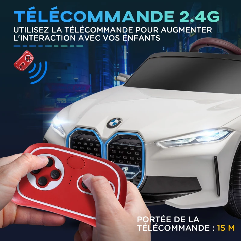 HOMCOM Voiture électrique pour enfants licence BMW I4 12V avec télécommande MP3 Musique Lumières et Ceinture 115x67x45 cm Noir(m-5)