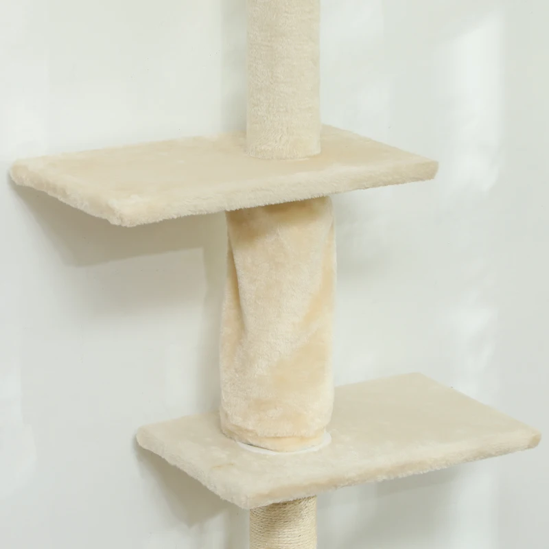 PawHut Árbol para Gatos de Suelo a Techo 225-275 cm Torre para Gatos con Múltiples Plataformas Sistema de Antivuelco Crema