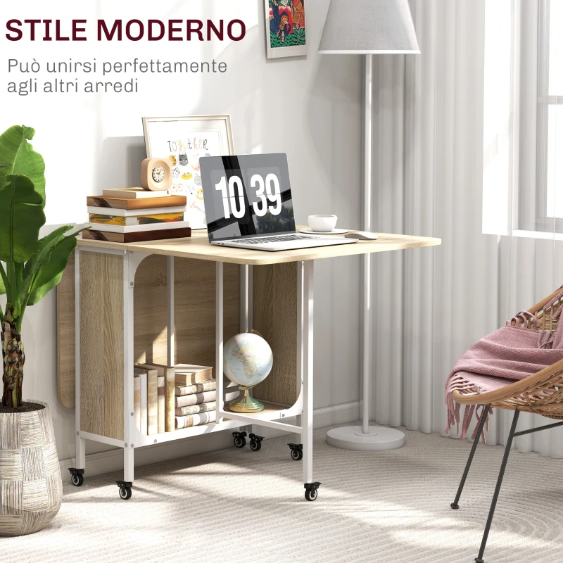 HOMCOM Tavolo da Pranzo Pieghevole per 6 Persone max con Ripiano, in Legno e Metallo, 130x80x74 cm, Bianco e color Legno