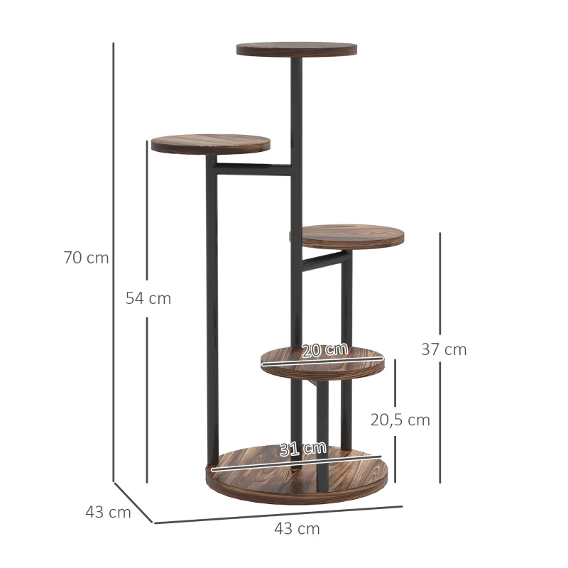 Outsunny Soporte para Plantas de Madera y Acero de 5 Niveles con 5 Estantes Redondos Soporte para Macetas 43x43x70 cm Carbonizado
