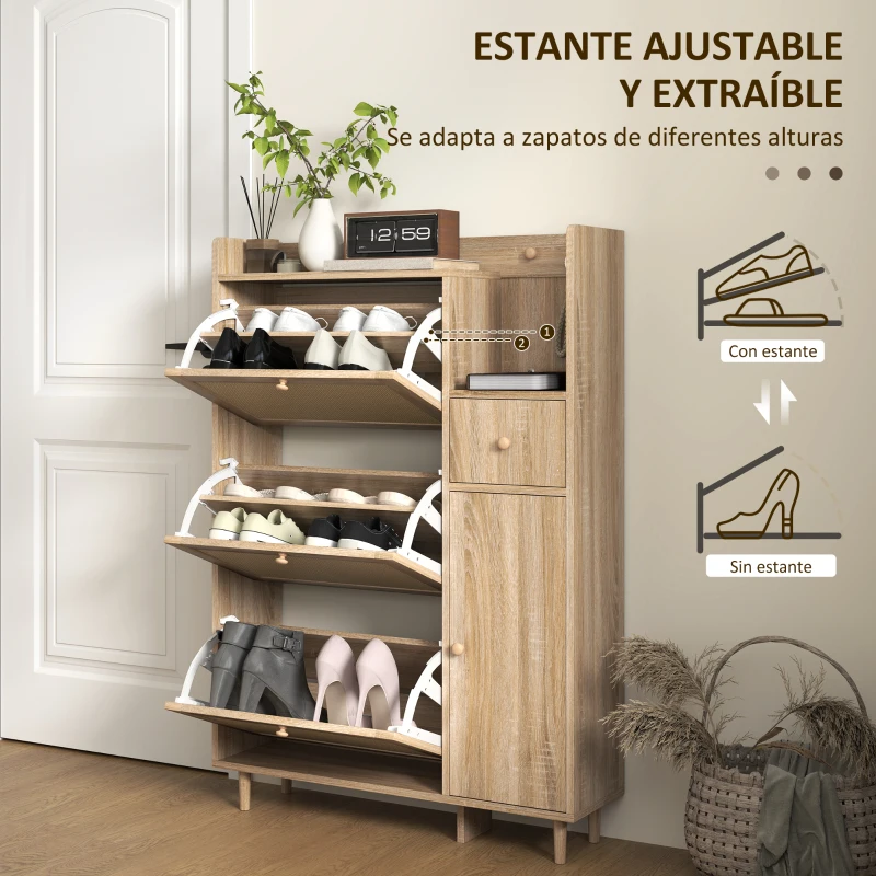 HOMCOM Zapatero con 3 Cajones Abatibles con Frentes de Ratán Cajón y Armario para Decoraciones y Llaves 80x23x120 cm Roble