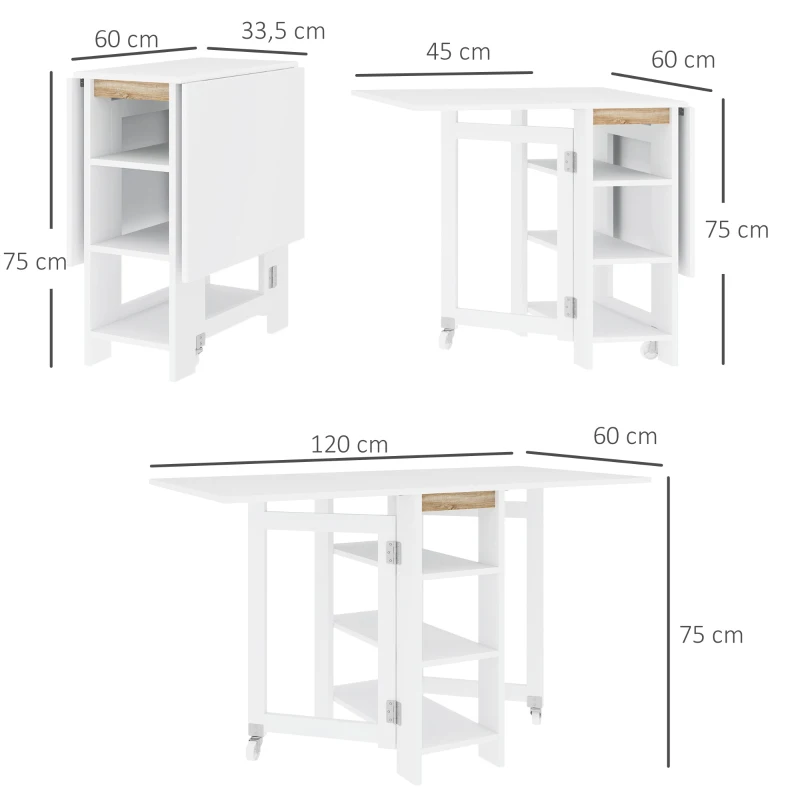 HOMCOM Mesa de Cocina Plegable con Alas Abatibles 2 Ruedas y Estantes Estilo Moderno 120x60x75 cm Blanco