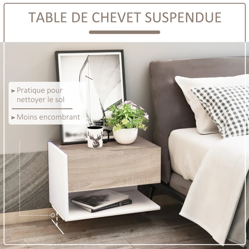 HOMCOM Tables de chevet suspendues Lot de 2 - Tables de Nuit murale - tiroir Coulissant - en Bois Bicolore Aspect chêne clair blanc