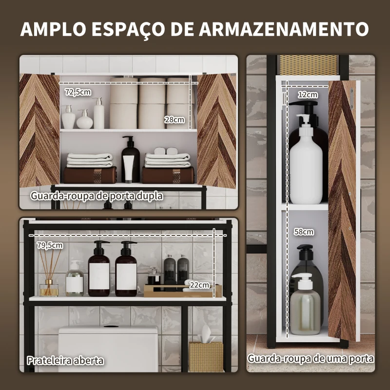 HOMCOM Móvel sobre Sanita Armário para Casa de Banho com 3 Portas 2 Prateleiras Ajustáveis e Compartimento Aberto 79,5x23x178 cm Multicor