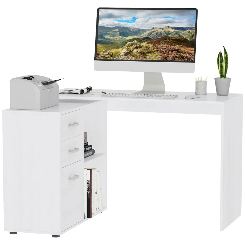 HOMCOM Bureau d'angle bureau droit modulable table de salle à manger 2 en 1 bureau informatique tiroirs x 3 + 2 niches MDF blanc