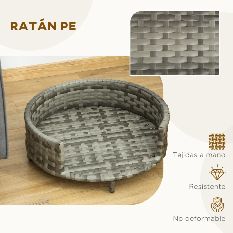PawHut Sofá para Perros de Ratán Sintético Redonda con Cojín Impermeable y Lavable para Interior y Exterior Ø60x20 cm Gris