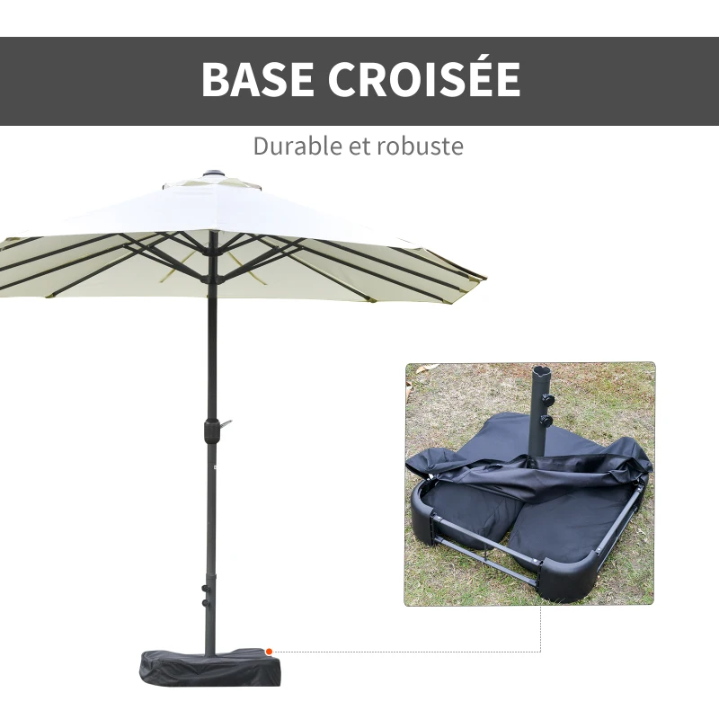 Outsunny Parasol de jardin exterieur parasol double rectangulaire 4,6L x 2,7l x 2,4H m avec ouverture fermeture manivelle, sacs de lestage et base inclus, pour balcon, piscine, beige