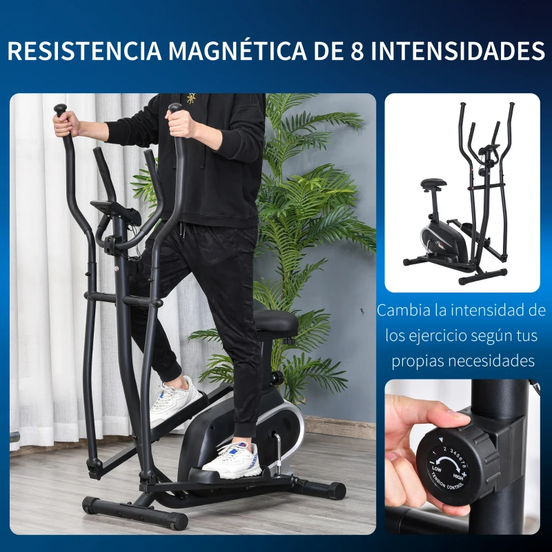 HOMCOM Bicicleta Elíptica con Resistencia Magnética Ajustable de 8 Niveles Bicicleta de Fitness con Sillín Regulable Pantalla LCD Pulsómetro y Soporte para Móvil para Casa Gimnasia 103x62x151 cm Negro