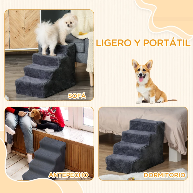 PawHut Escalera para Mascotas de 4 Peldaños con Funda Extraíble y Lavable para Cama Sofá 60x35x44 cm Gris Oscuro