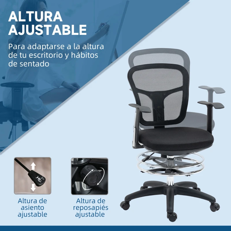 Vinsetto Silla de Dibujo Ergonómica de Malla Giratoria con Reposabrazos  y Reposapiés Ajustable 59x59x95-115 cm Negro