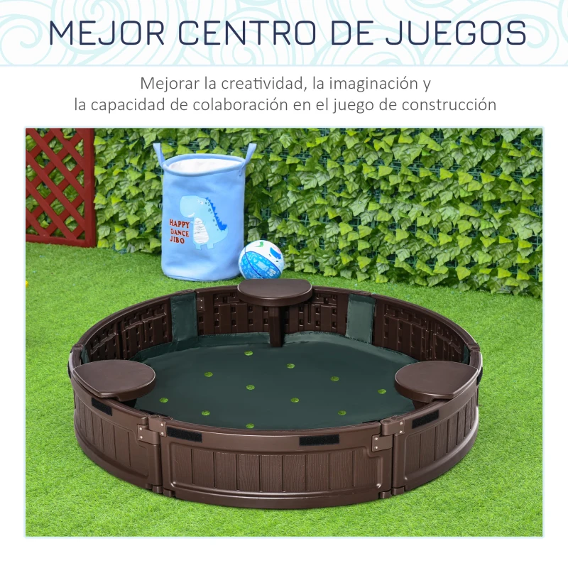 Outsunny Arenero Redondo Infantil de Plástico para Exterior con Cubierta y Forro de Tela para el Fondo Ø123x22,5 cm Marrón