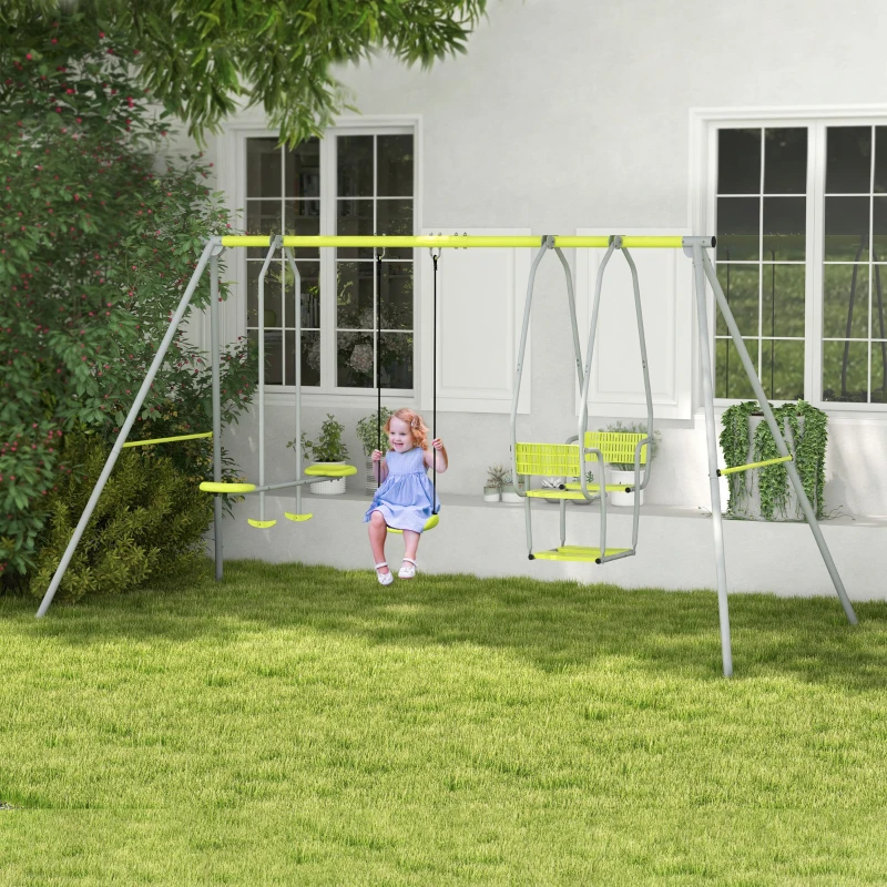 Outsunny 3 in 1 children's swing set with 2 face-to-face seats and 1 swing seat max load 225 kg green