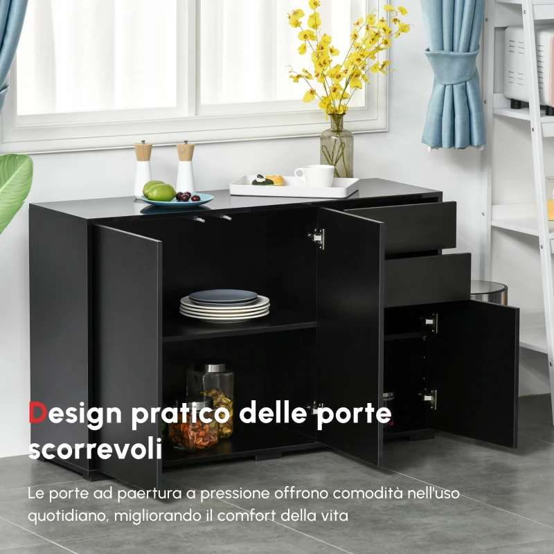 HOMCOM Mobiletto Multiuso Nero con 2 Cassetti e 2 Armadietti ad Apertura a Pressione, 117x36x74cm