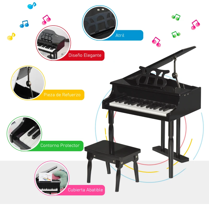 HOMCOM Piano de Cola Infantil de Madera con 30 Teclas Taburete y Atril de Partituras Piano para Niños Instrumento Musical Didáctico 52x50x49 cm Negro