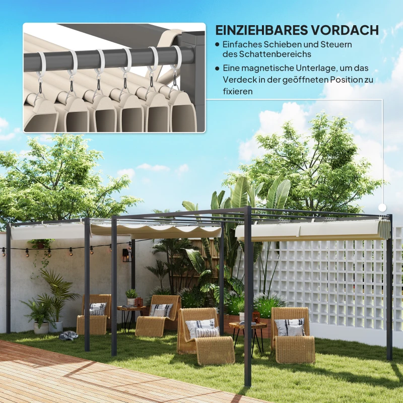 Outsunny 3 x 3 m Garten-Pergola mit einziehbarem Dach, Pavillon, Baldachin für Schatten, UPF30+, Beige(m-4)