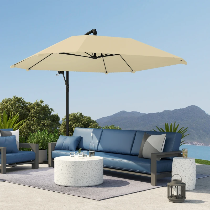 Outsunny Cantilever Parasol Alu Ø 260 cm, Waterdichte Slingerparasol met Standaard, Kruk, Beige