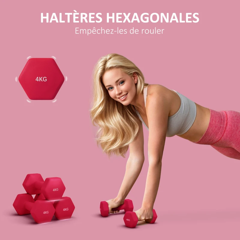 SPORTNOW Lot de 2 haltères hexagonales avec poignée antidérapante pour l'entraînement à la maison, 2 x 4kg, rouge