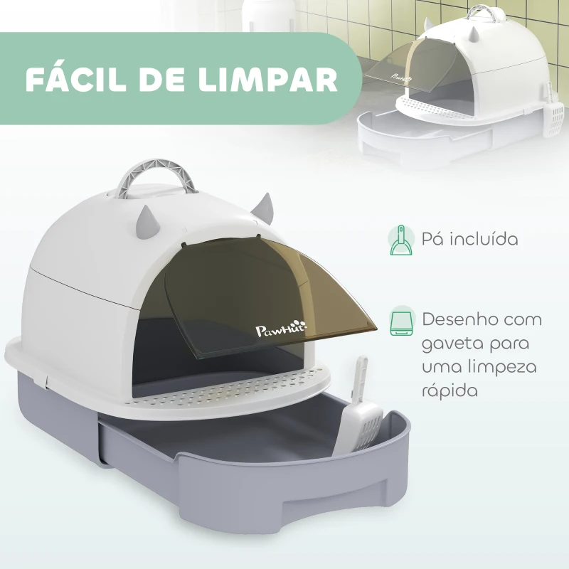 PawHut Caixa de Areia para Gatos Fechada com Tampa e Bandeja Amovíveis Filtro de Carvão e Pá 40,5x52x39 cm Branco e Cinza
