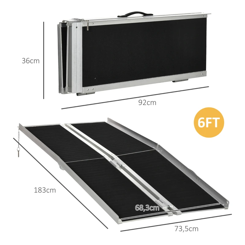 HOMCOM Wheelchair Ramp Loading Ramp Access Ramp Non-Slip Foldable with Safety Edges Max. 270 Kg dim. 183L x 73.5W cm Aluminum Black