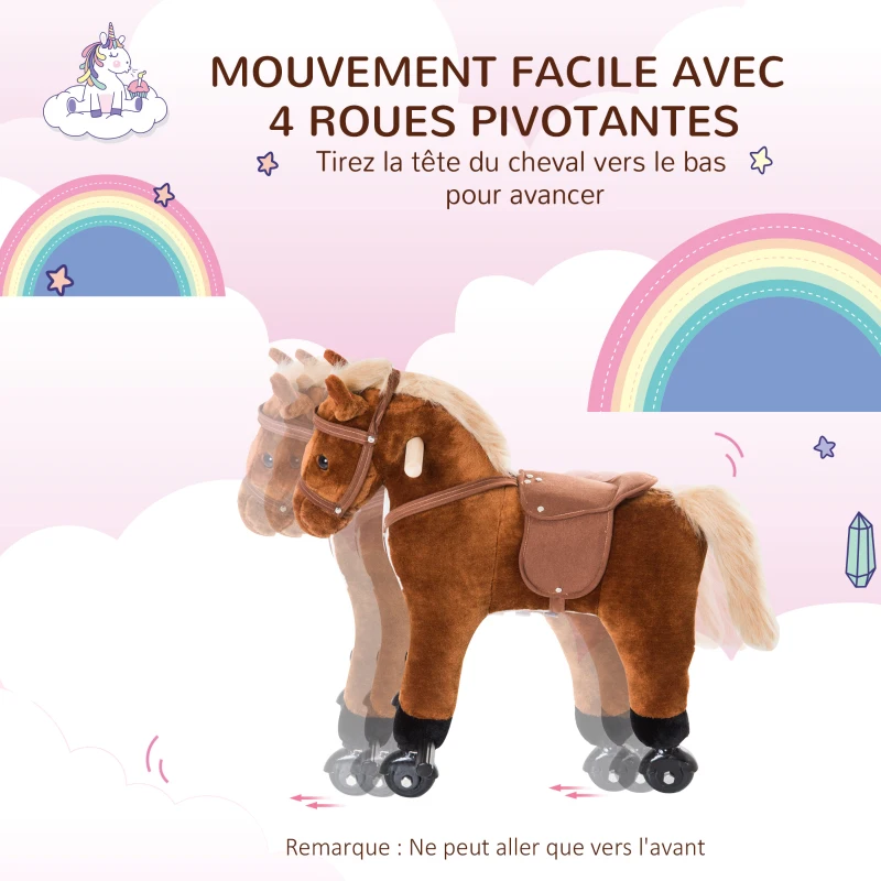 HOMCOM Jouet cheval pour enfant de +24 mois avec 4 roulettes, effet sonore, repose-pieds et guidon, 55x23x60 cm Marron(m-4)