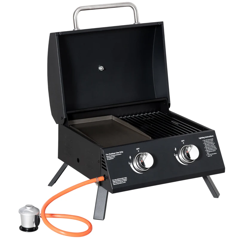 Outsunny Barbacoa de Mesa a Gas Plegable con 2 Quemadores Parrilla de Gas Portátil con Tapa Acero a Carbono para Camping Picnic al Aire Libre Jardín 55x46,5x41 cm Negro