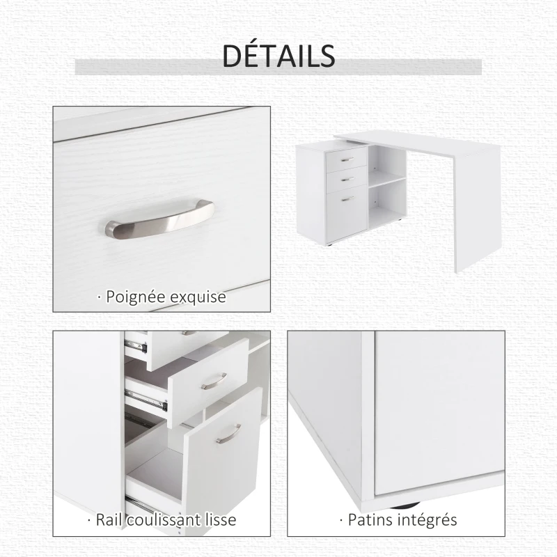 HOMCOM Bureau d'angle bureau droit modulable table de salle à manger 2 en 1 bureau informatique tiroirs x 3 + 2 niches MDF blanc