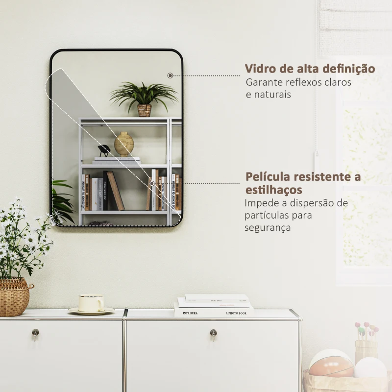 HOMCOM Espelho Casa de Banho 60x80 cm Espelho de Parede com Estrutura de Metal Vertical e Horizontal para Entrada Preto
