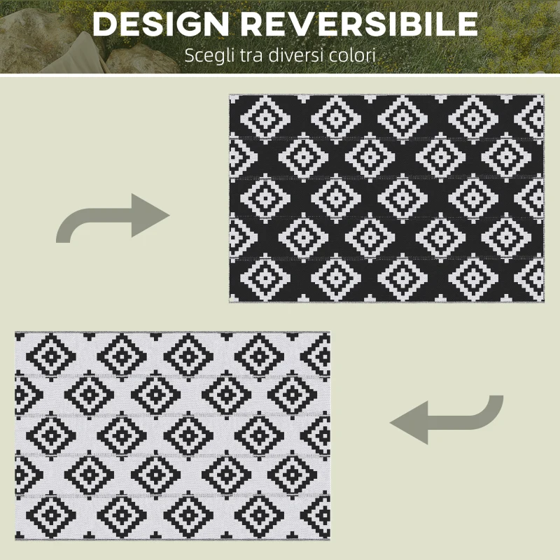 Outsunny Tappeto Esterno per Balcone e Terrazza Reversibile con Fantasia Geometrica, 2.74x1.82 m, Nero e Bianco